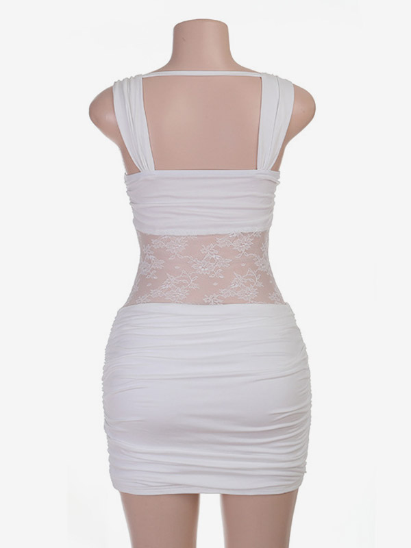 Night Out Dresses White Ruched Lace Mesh Bodycon Mini Dress Spaghetti Strap Deep Neck Club Party Dress