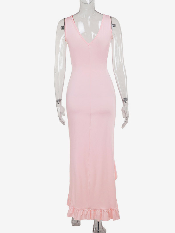 Vacation Dresses V Neck Spaghetti Strap Maxi Dress High Slit Ruffle Hem Mermaid Bodycon Party Gown