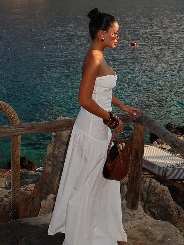 Vacation Dresses Strapless Cutout Waist Maxi Dress Sweetheart Bustier Flowy Mermaid Gown