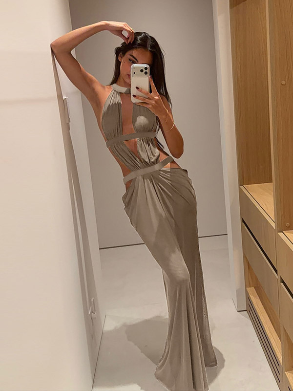 Vacation Dresses Khaki Halter Cutout Maxi Dress Strappy Backless Ruched Side Slit Bodycon Evening Party Gown