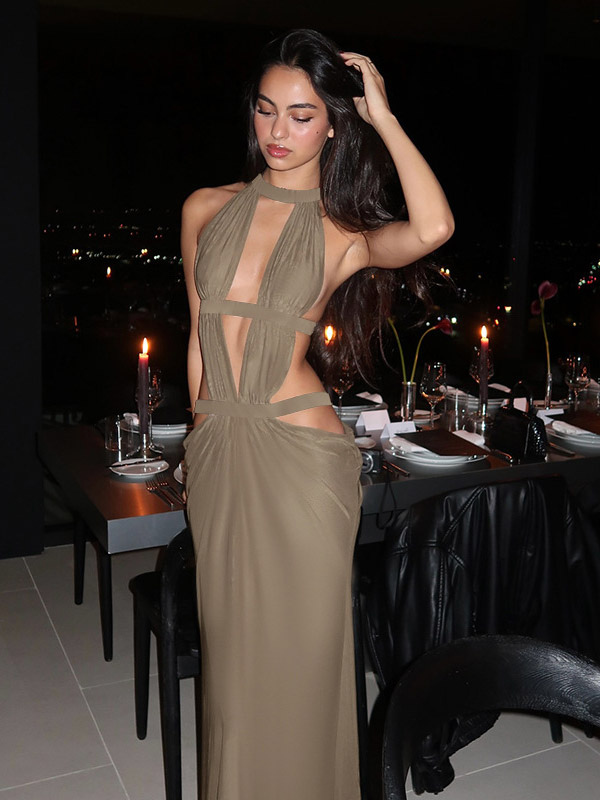 Vacation Dresses Khaki Halter Cutout Maxi Dress Strappy Backless Ruched Side Slit Bodycon Evening Party Gown