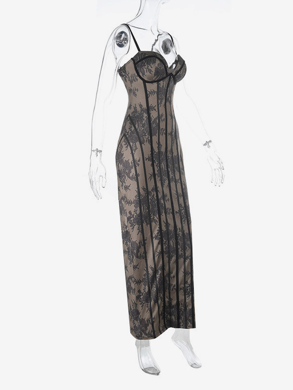 Party Dresses Black Floral Lace Spaghetti Strap Maxi Bustier Corset Bodycon Slit Evening Gown