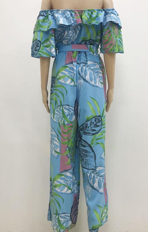 Women Clothing Fashion off-Shoulder Floral Jumpsuit Summer Short Sleeve Chiffon Vacation Beach Jumpsuit