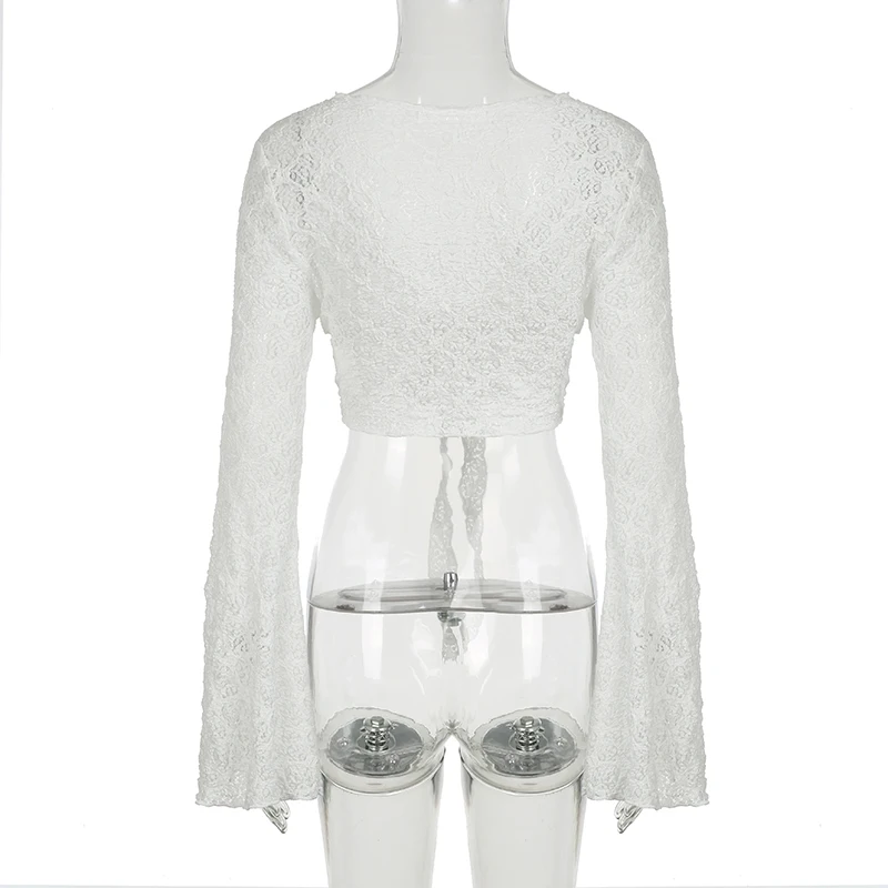 Women Trumpet Sleeves Sunscreen Cardigans Fashion Y2K V Neck Cropped Top Streetwear Knitted White Lace-up Tee Shirt