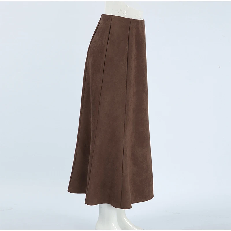 Vintage Suede Brown Skirts Women Fashion Pleated Slim Zipper Office Lady Skirts Elegant Female High Waist Party Wear New