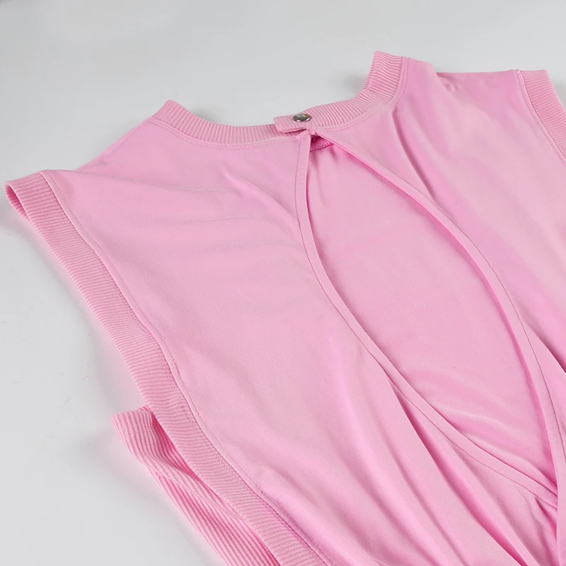 Hollow Out Back Sleeveless Boho Blouse Rompers Womens O Neck Solid Simple Casual Summer Vacation Beach Playsuits Pink