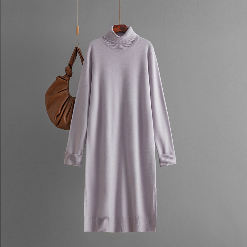 Women Clothing Autumn Winter Casual Solid Color Turtleneck Knitting Sweater Slit Bottoming Dress