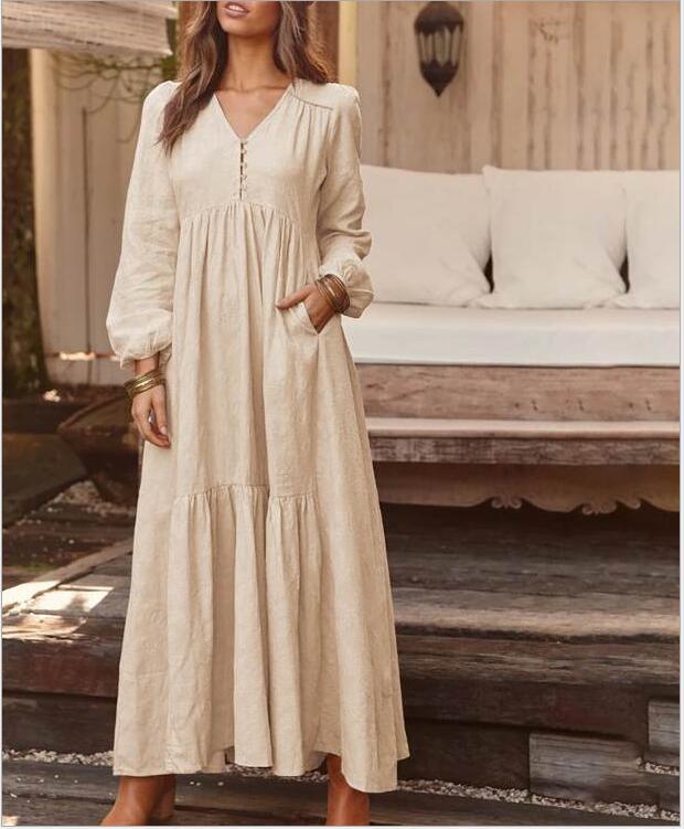 Autumn Winter Women Clothing Button Cotton Linen Retro Casual Long-Sleeved Dress Large Swing Dress Multi-Color
