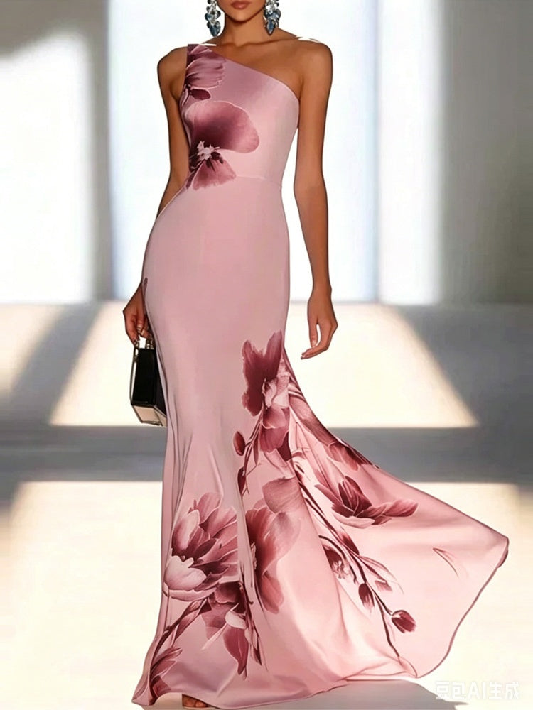 Blue Floral Print One-shoulder Long Dress