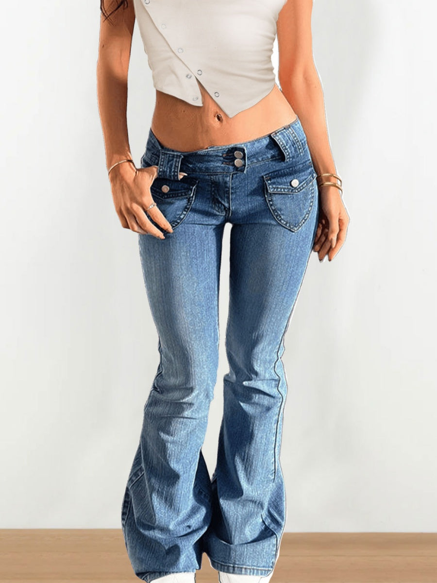 Washed Slim-fit High Stretch Low-rise Flared Jeans