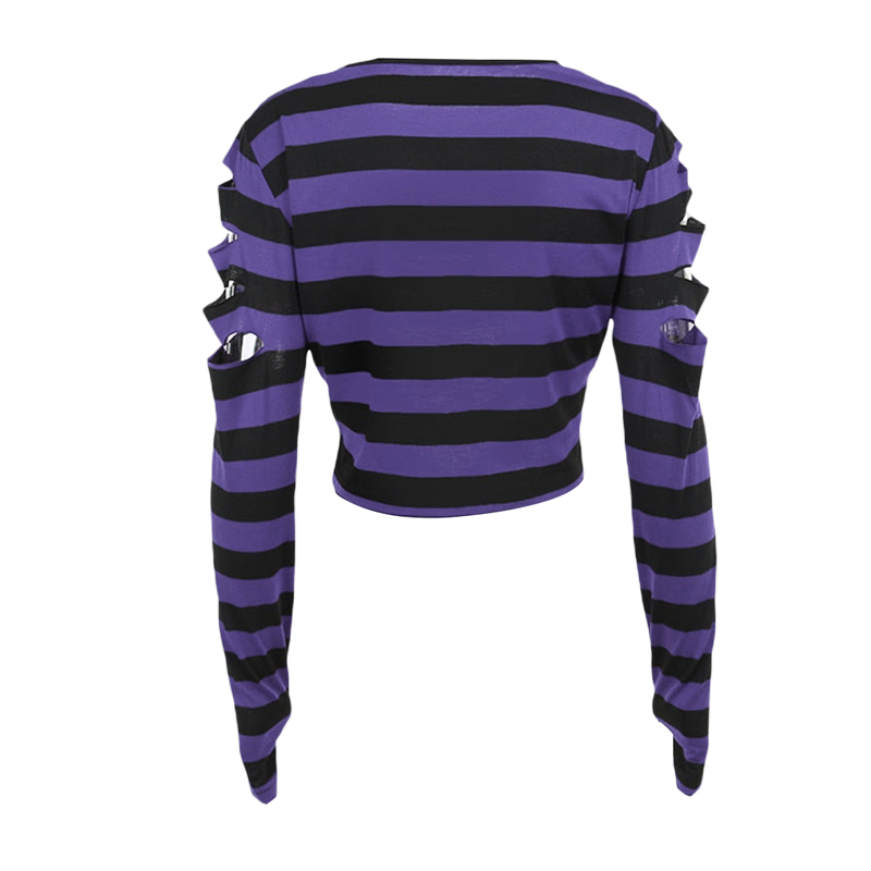 Cyber Punk y2k Top 2000s Women Striped Round Neck Long Sleeve T Shirt with Hole Gothic Clothes E Girl Tees Streetwear