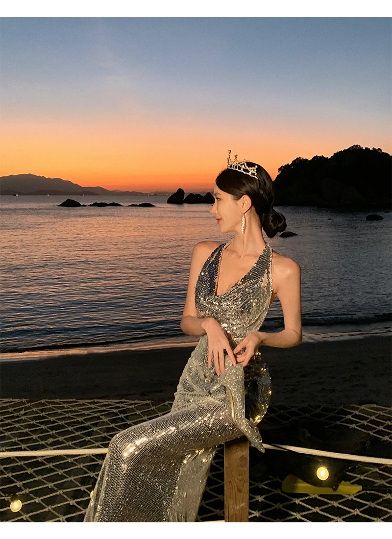 Sexy Bodycon Sequined Prom Robe V-neck Backless Sleeveless Evening Party Dress Wedding Slim Mermaid Long Dresses for Women New