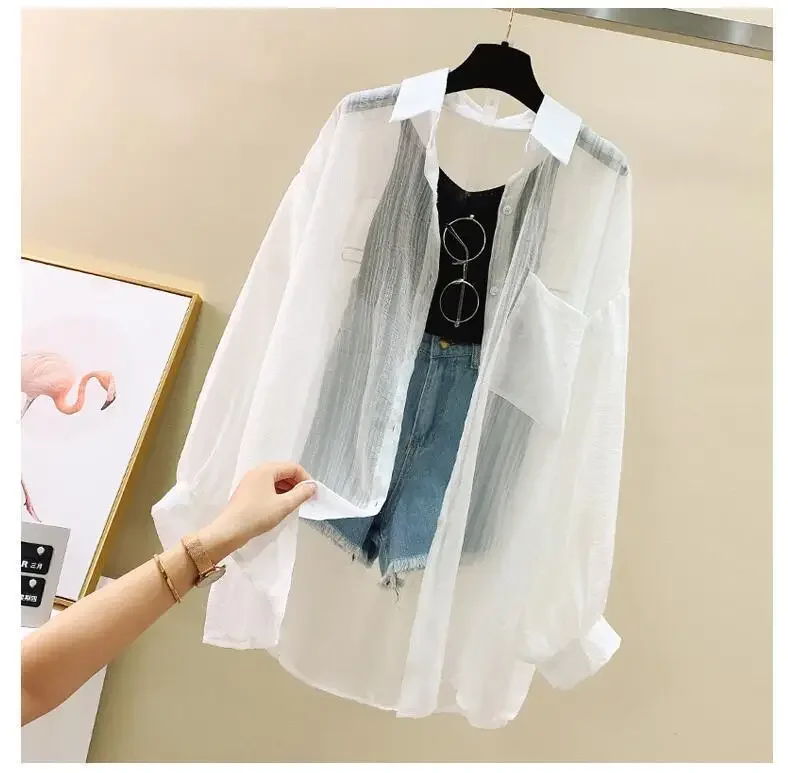 Women Elegant Long Sleeve Perspective Sheer Sunscreen Chiffon Blouse Korean Fashion Loose Shirt Women Summer Beach Cardigans