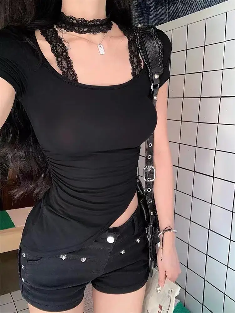 Fake Two Pieces Lace Neck Hanging Short Sleeved T-shirts for Women Summer Tops Sexy Desire Design Versatile Irregular U-neck Top