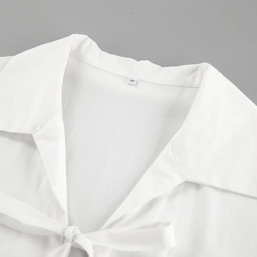 Chiffon Lace-Up Hollow Out Shirts Women's Lapel Patchwork Bandage Long Sleeve Fashion Blouse Top Female White Outwear