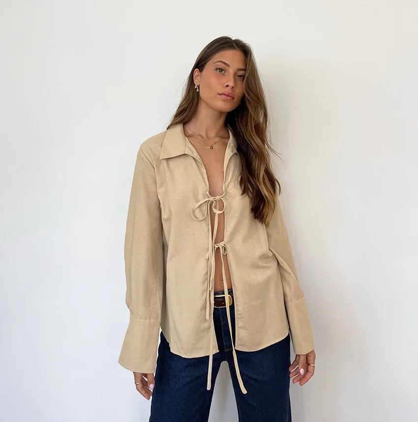 Women's Long Sleeve Shirt Hollow Lace Up Solid Color Casual Fashion Top Commuting Patchwork Women's Shirt Cardigan Top