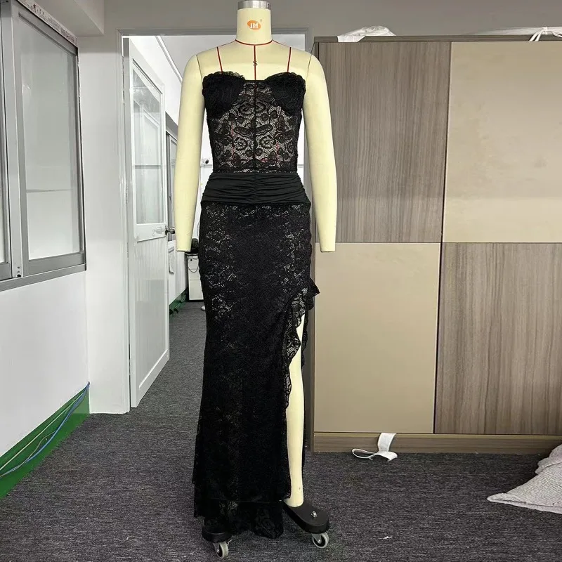 White Ruffled Mesh 2 Piece-Set Long Skirt Women Sexy Backless Cropped Top And Side Split Maxi Skirt Sets Summer Outfits