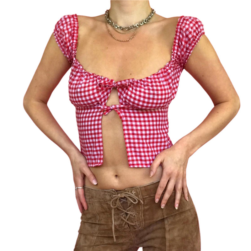 Fairy Grunge Plaid Crop Top Summer Women Short Sleeve Tie Up Bandage Vest Kawaii Off Shoulder T Shirt Female Clothes