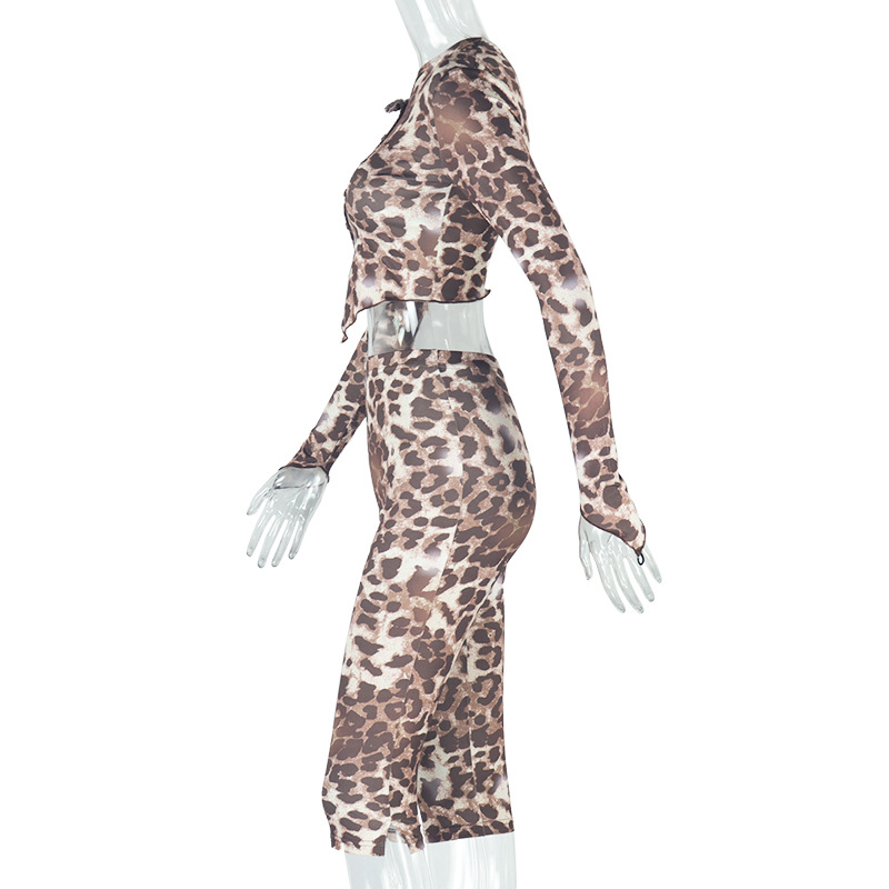Women's Wear Leopard Print Micro Transparent Blouse Pants Asymmetric off Shoulder Long Sleeve Top Short Pants Two Pieces
