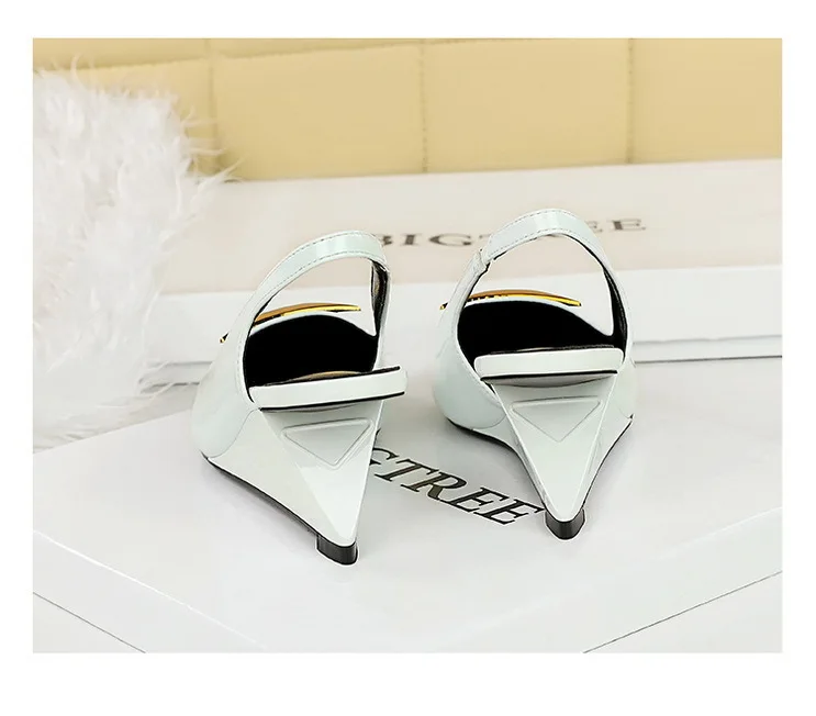Patent Leather High Heels Wedges Shoes Lady Trendy Pumps Pointed Toe Hollow Back Strap 6.5 Cm Women Sandals White Heels Shoes