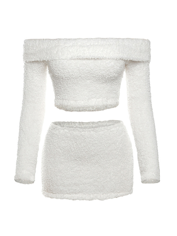 Solid Off Shoulder Fuzzy Long Sleeve Tee & Mini Skirt Set