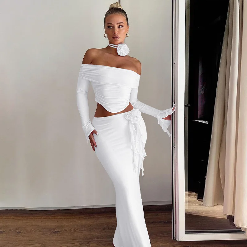 Winter New Sexy Long Sleeved Half Skirt Set For Woman 3D Flower Slim Tight Long Skirt Party Evening Dress Two Piece Set