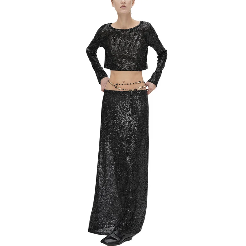 Sequin Long Skirts for Women Solid Color Elastic High Waist Skirt Fashion Elegant Ladies Evening Party Skirt Clubwear