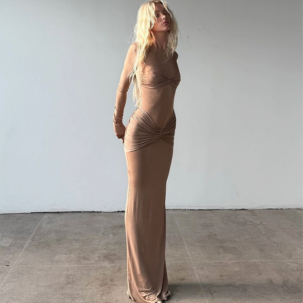 Pleated Sheath Dress Sexy Solid Color round Neck Long Sleeve Slim Fit Dress