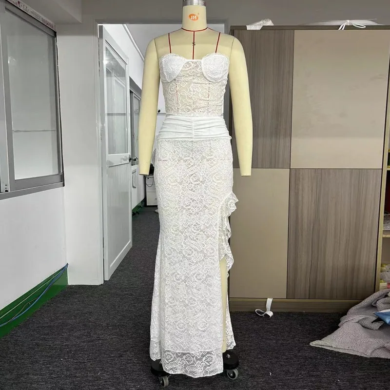 White Ruffled Mesh 2 Piece-Set Long Skirt Women Sexy Backless Cropped Top And Side Split Maxi Skirt Sets Summer Outfits