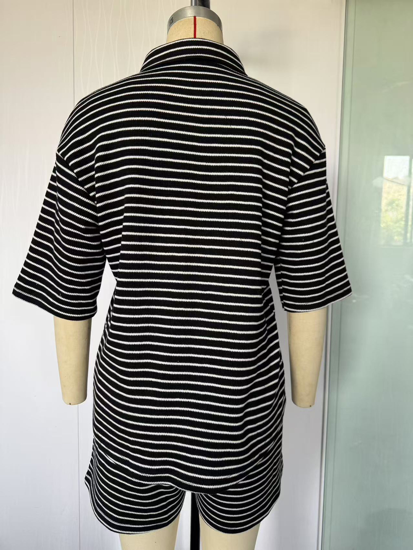 Casual Two Piece Set Five Quarter Sleeve Striped Shirt Top Shorts Set