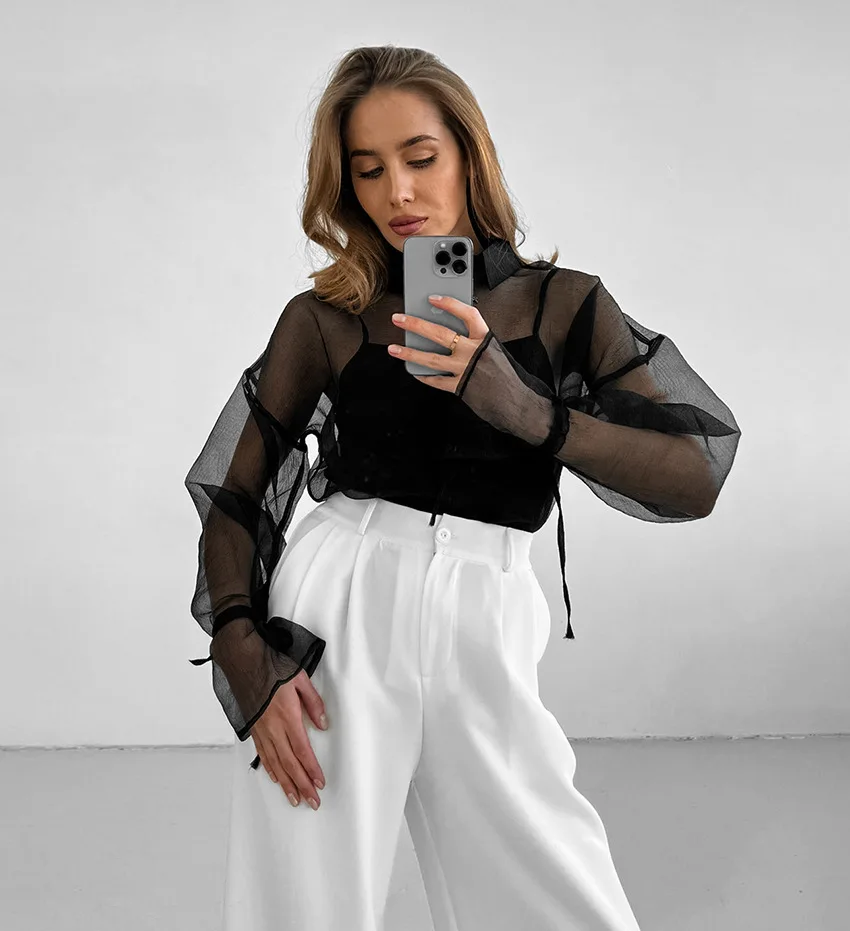 Mesh See-through Lace-Up Shirt Women's Sexy Long Sleeve Tops Fashion Solid Color Casual Streetwear Women's Shirt Tops