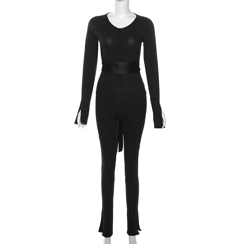 Fall Women Clothing Sexy Thread Tied High Waist Trousers Casual Tight Jumpsuit