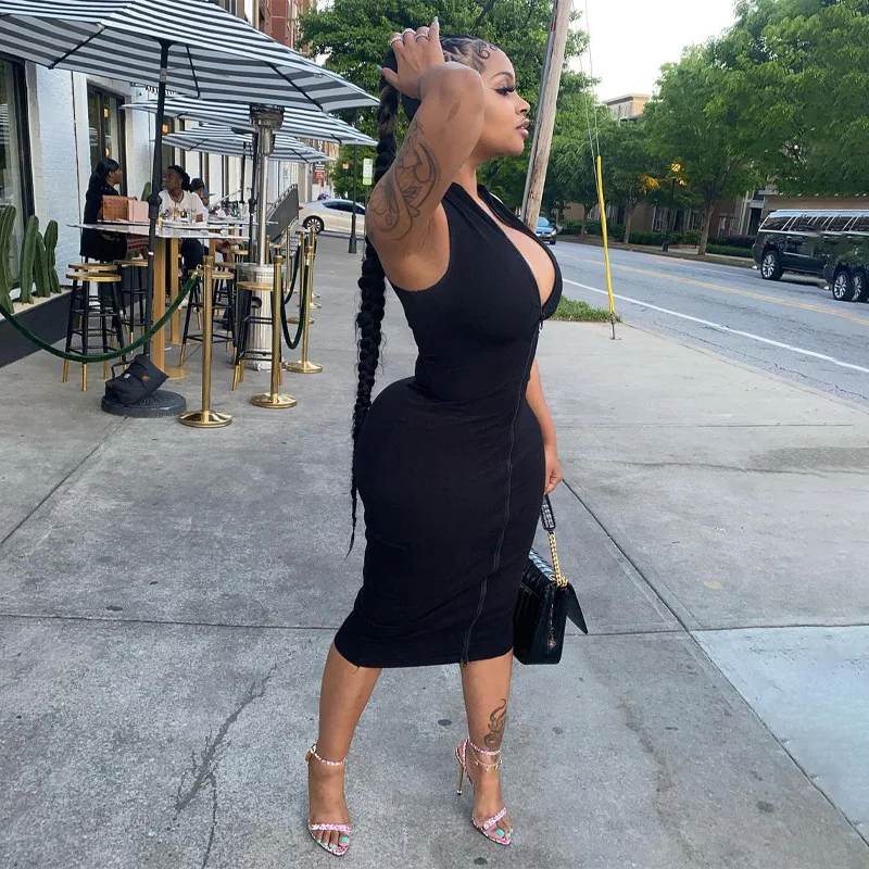 Sexi Night Dress Hot Club Outfits Women One Piece Aesthetic Clothes Sleeveless Bodycon Vestidos De Mujer Zipper Black Streetwear