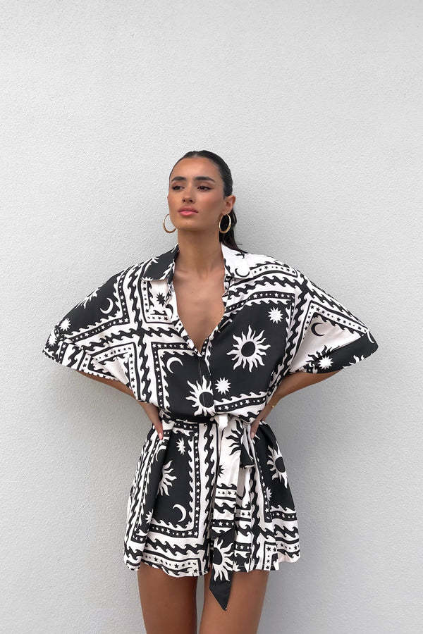 Summer Women Waist Controlled Lace up Geometric Abstract Printed Sexy Jumpsuit Amplified craft