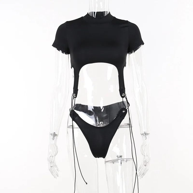 Short Sleeve Bodysuit, Mock Neck Women Y2k Clothes, Hollow Out One-Piece Body Feminino, Lace Up Club Outfits, Sexy Lingerie