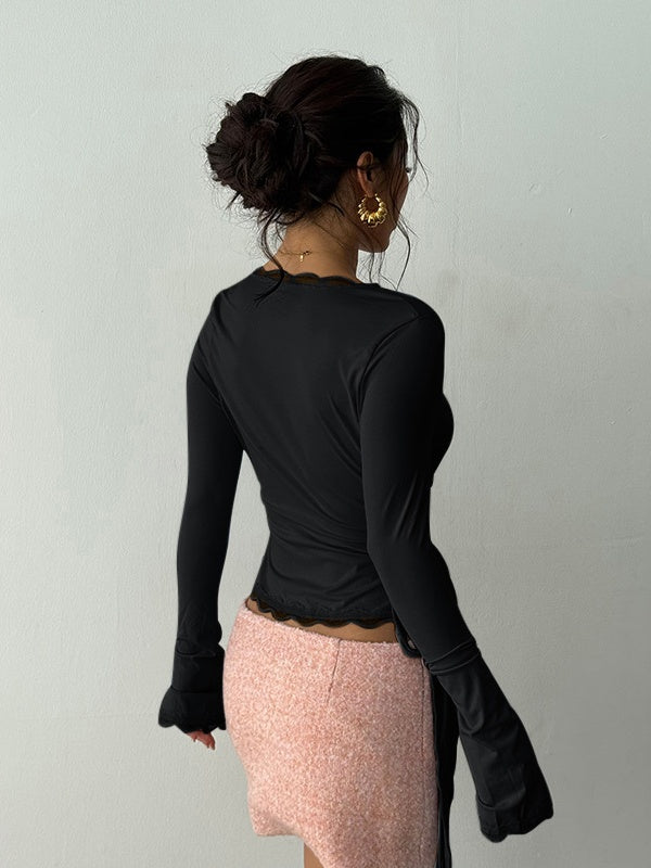Lace-trimmed V-neck Tie-up Long Sleeves T-shirts