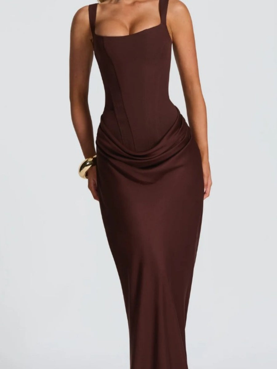 Fish Bones Waist Corset Pleated Camisoles Sleeveless Hip-hugging Maxi Dresses