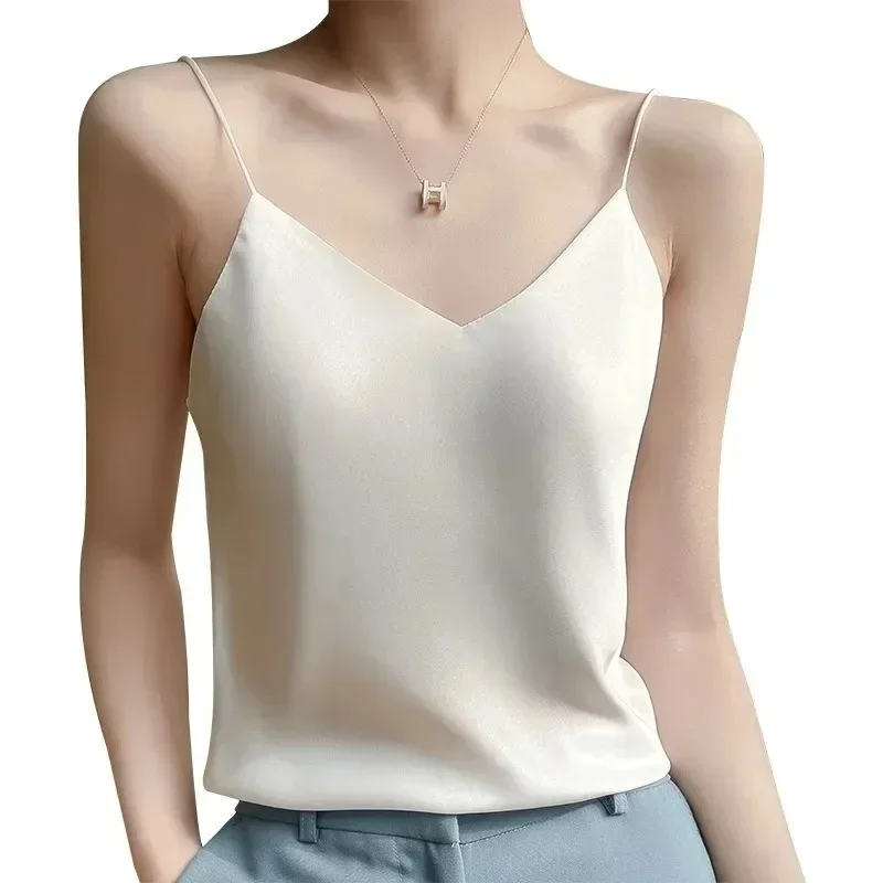 Sexy Strap Crop Top Fashion Silky Camisole Women's Inner With White Bottoming Satin Top Summer V-neck Thin Section Y2K Camisole