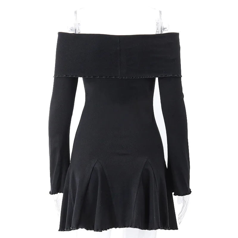 Black Knit Ruffled Mini Dress Women Patchwork Off-Shoulder Loose Slim Fashion Ribbed Dress Knitwear Clothes Female Dress