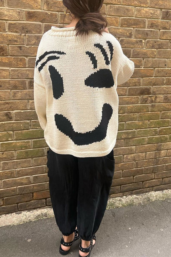 Feel Good Knit Colorful Smiley Face Loose Pullover Sweater