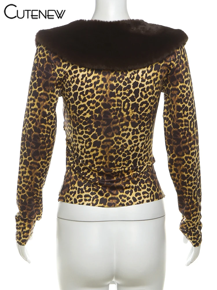 Feather Patchwork Women Tops Warmth New Leopard Printed Full Sleeve Bandage V-neck Slim Crop Tees Female Attactive Wear