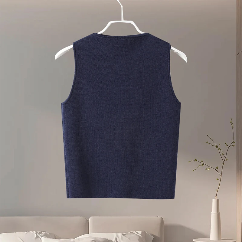 Fashion Knitted Vest Top for Women Short Sleeve V-neck Buttons Loose White Waistcoat Cardigan Female Autumn New in Outwears