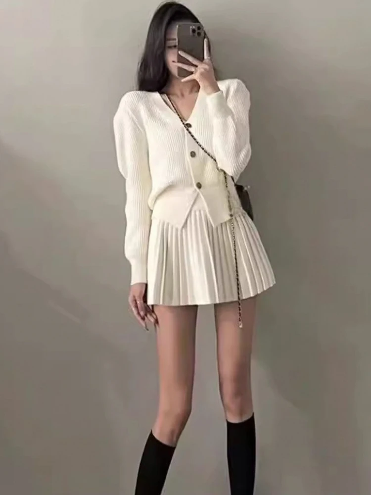 Retro Knitted Long Sleeve Sweater High-Waisted Pleated Skirt Two Piece Set For Women Niche Solid Matching Sets Autumn New