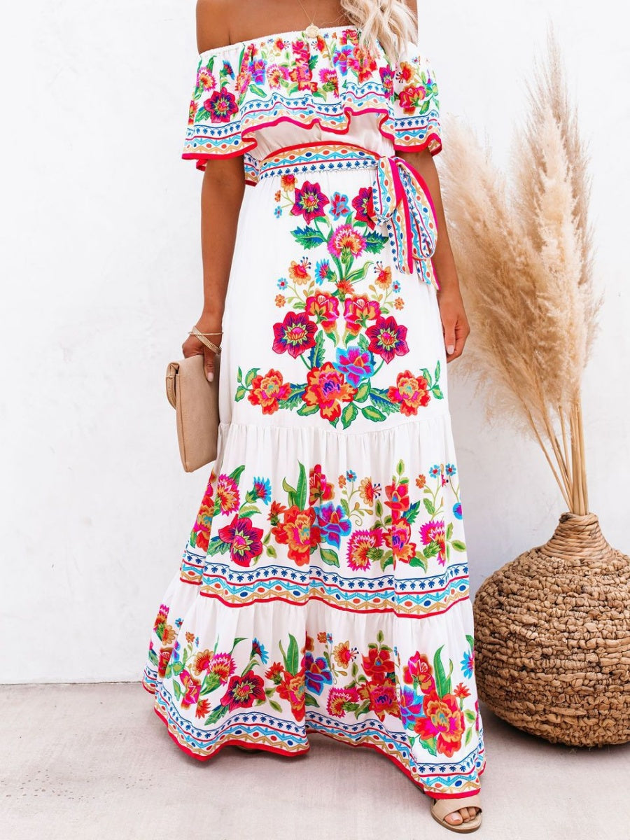 Off-the-shoulder Red Floral Print Maxi Dress