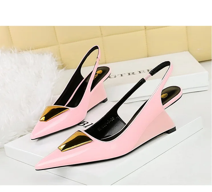 Patent Leather High Heels Wedges Shoes Lady Trendy Pumps Pointed Toe Hollow Back Strap 6.5 Cm Women Sandals White Heels Shoes
