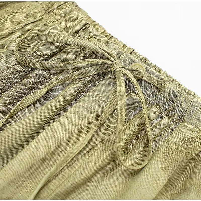 New Linen Tie-dye Print Long Pants Sets For Women Lapel Half Sleeve Single Breasted Shirts Drawstring Wide Leg Pant 2 Pieces Set