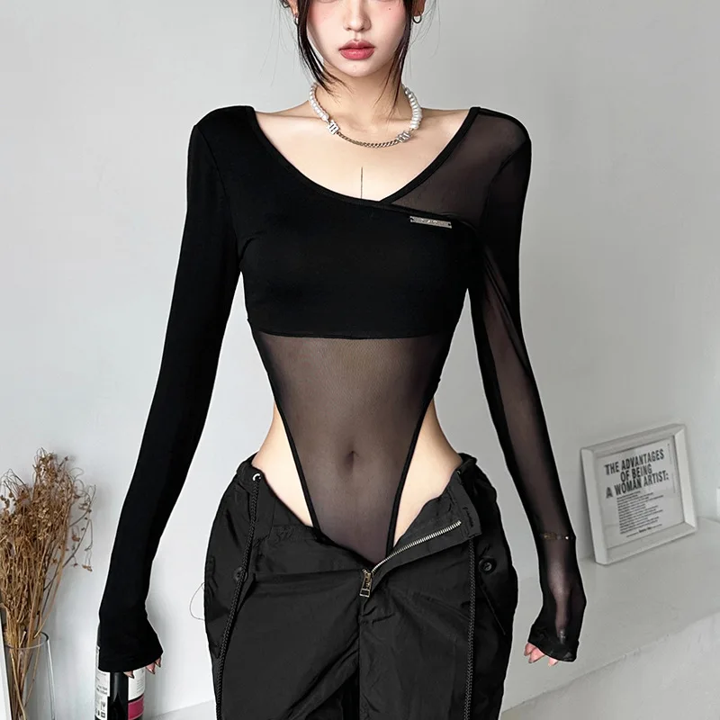 Black See Through Bodysuit Lingerie Sexy Long Sleeve Lenceria Femenina V-Neck One-Pieces Body Feminino Backless Tops For Women
