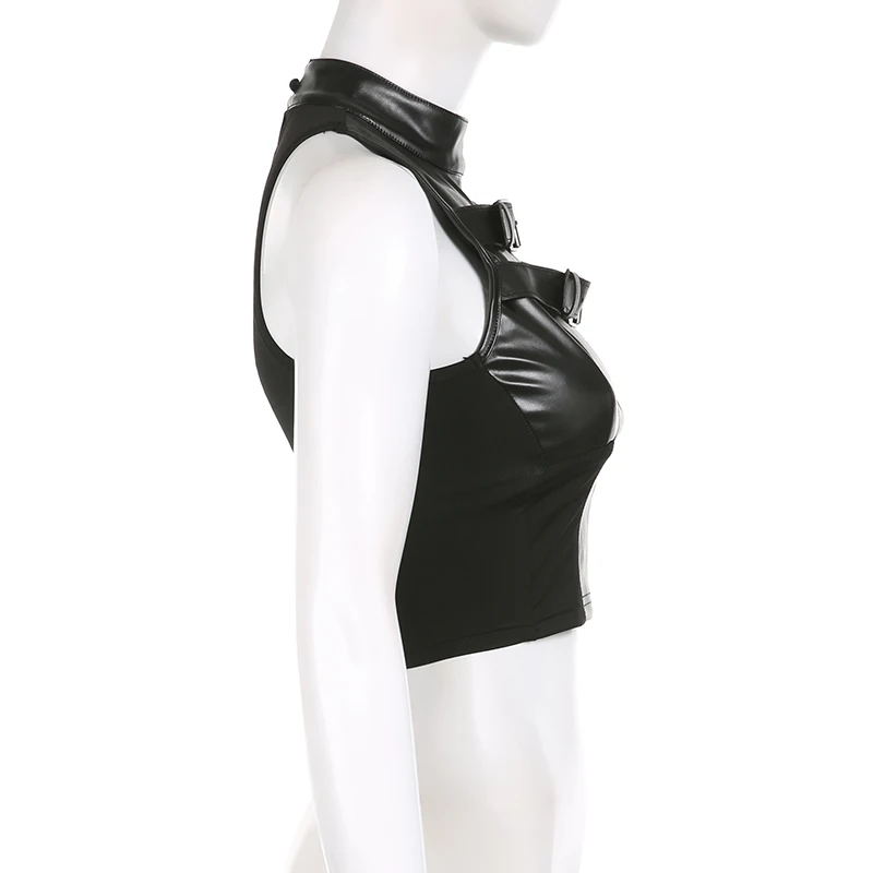 Punk High Street Women Tank Top Leather Buckle Up Sleeveless Zipper Patchwork Crop Vest Tee Hip Hop Club Lady Camis
