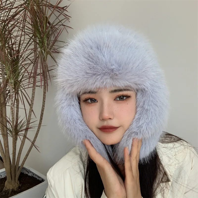 Winter Women Fluffy Furry Faux Fox Fur Bomber Hats Flaps Luxury Vintage Y2k Girls Warm Earflap Snow Ski Hat Caps Russian