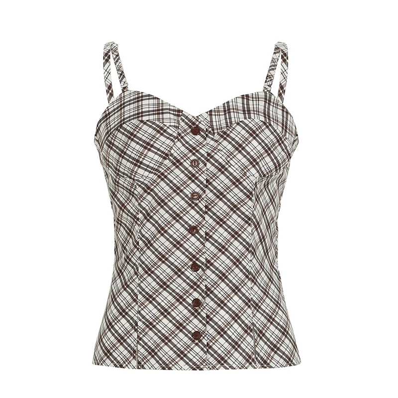 Y2K Women Plaid Vest Sweet Style Retro Buttons Slit Hem Camisole Aesthetic Chic Fashion Tank Top Summer Outfits 2025